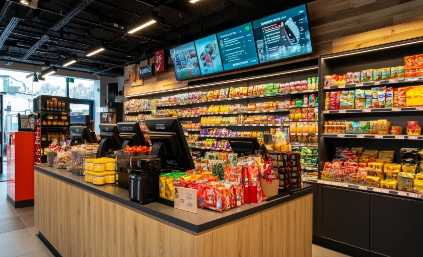 Interior of a modern convenience store with stocked shelves, checkout counters, and foodservice items