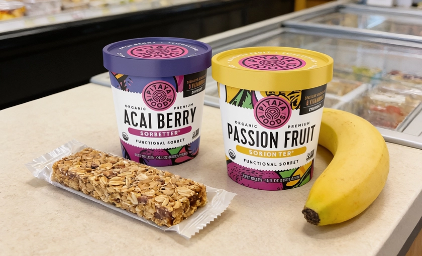 Pitaya Foods Sorbet grab-and-go smoothie bowl products with banana and granola for convenience store foodservice.