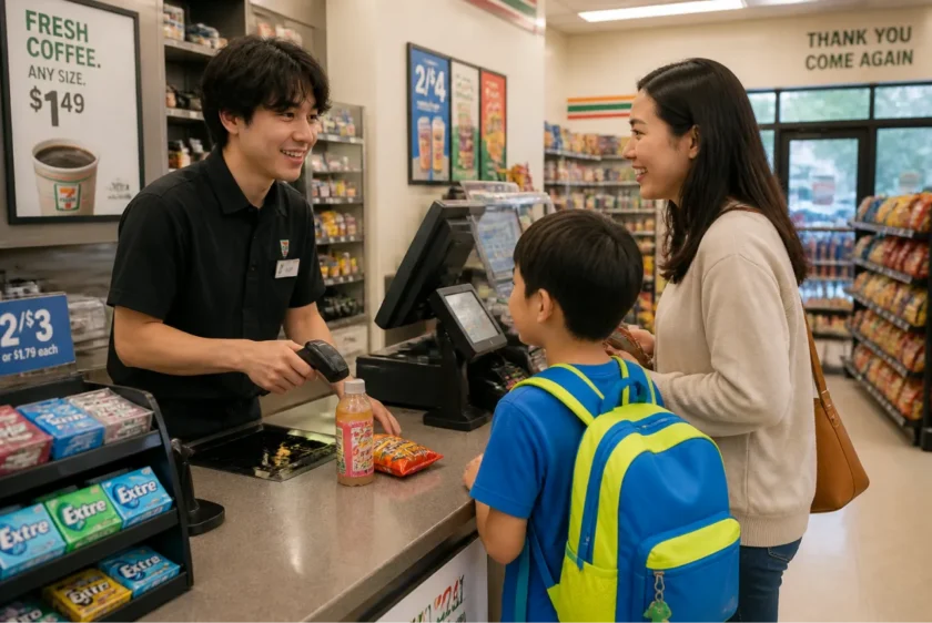 Convenience store clerk checking out a mother and child with a backpack during back-to-school shopping.