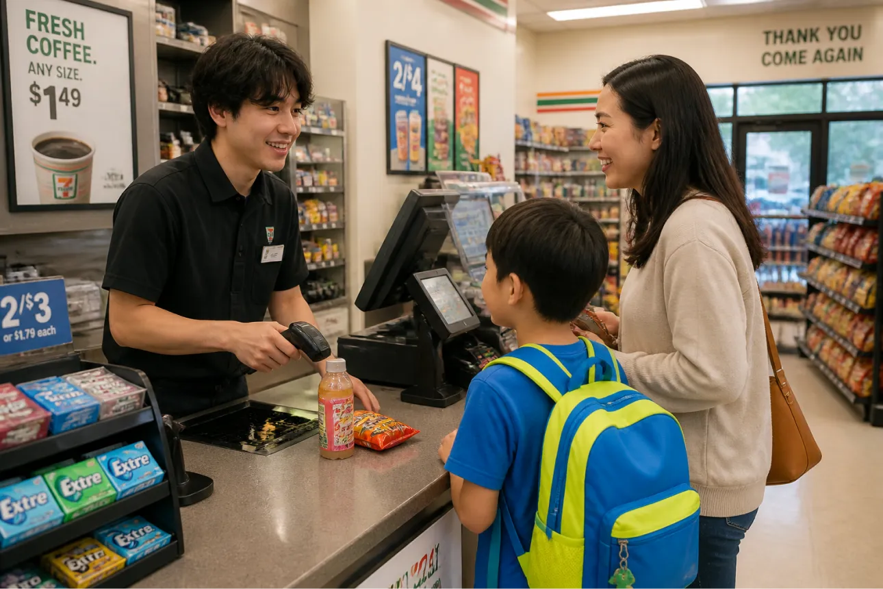 Convenience store clerk checking out a mother and child with a backpack during back-to-school shopping.