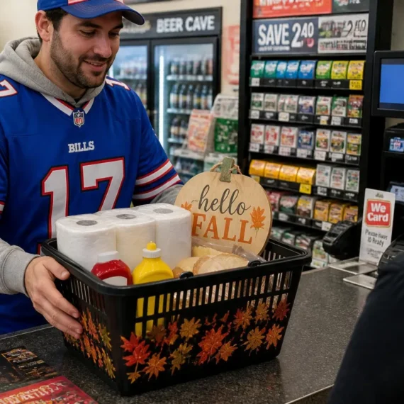 Convenience store customer checking out with a fall-themed basket of paper towels, condiments, and bread while a store employee in a football jersey assists at the counter.