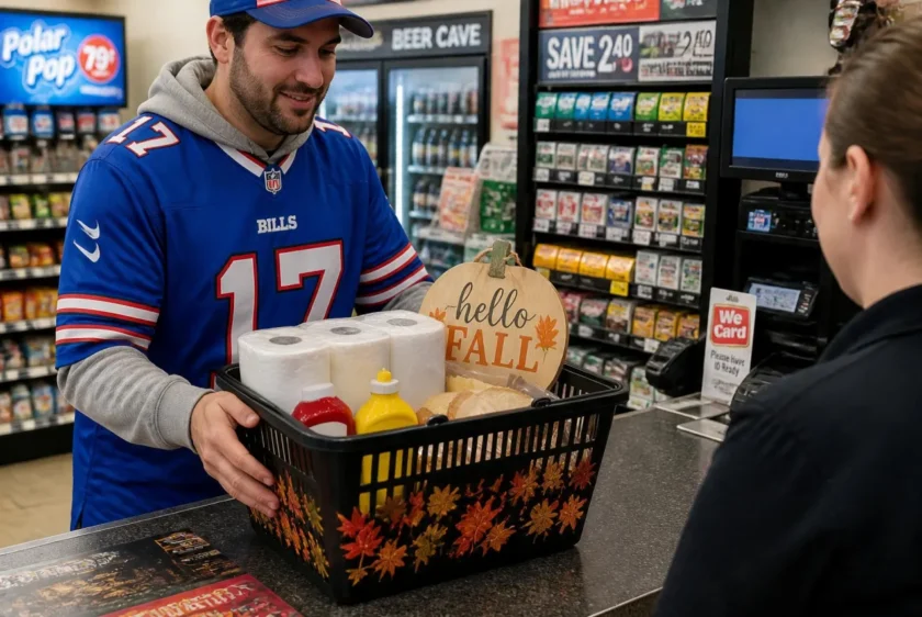 Convenience store customer checking out with a fall-themed basket of paper towels, condiments, and bread while a store employee in a football jersey assists at the counter.