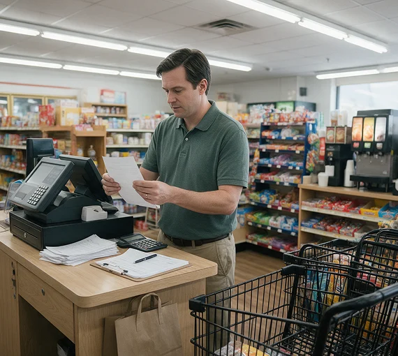Convenience store operator reviewing invoices and purchasing paperwork at the checkout counter