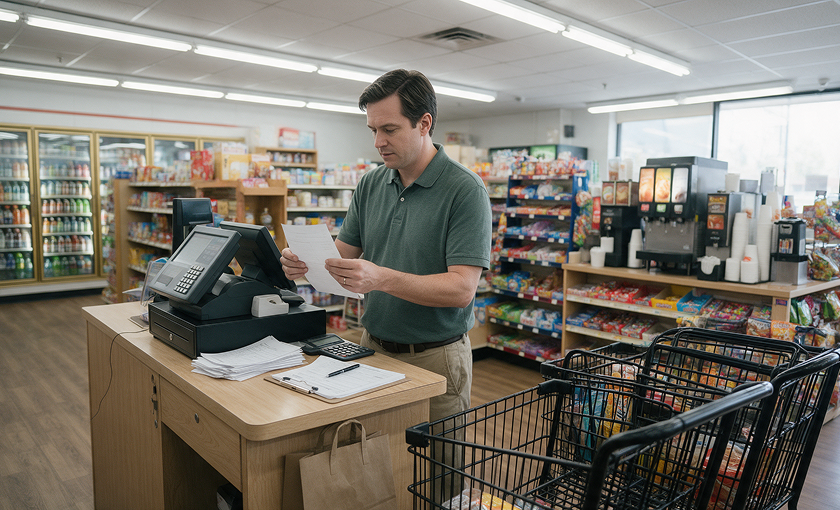 Convenience store operator reviewing invoices and purchasing paperwork at the checkout counter